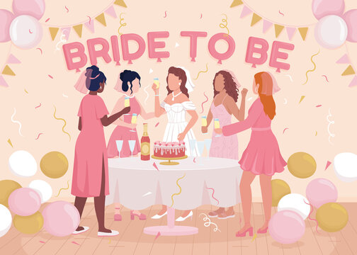 Bachelorette party flat color vector illustration. Bride to be. Bridesmaid greeting fiancee. 2D simple cartoon happy ladies celebrating with decorated room on background. Fredoka One font used