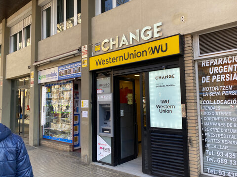 Barcelona, Spain, january 3 2022: wester union poster in a store