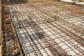 Picture of ribbed steel bar reinforcement construction ready for concrete casting.