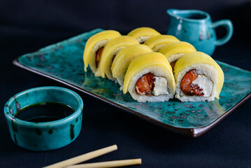 exotic mango roll, roll on a plate
