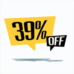 39% off discount sticker sale yellow tag isolated vector illustration. discount offer price label, vector price discount symbol floating