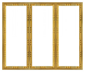 Triple golden frame (triptych) for paintings, mirrors or photos isolated on white background