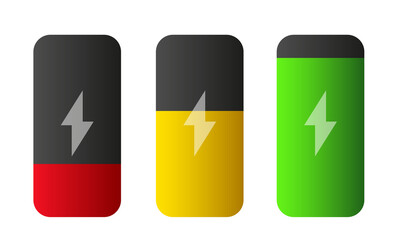 Batteries set. Charged and discharged batteries. Vector 3d clipart isolated on white background.