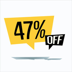 47% off discount sticker sale yellow tag isolated vector illustration. discount offer price label, vector price discount symbol floating