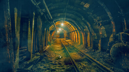Old underground abandoned coal mine with lights and rails. Inside the mine with fog, illustration,...