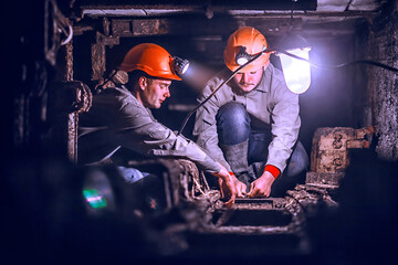 Tired young miners in an old coal mine. Miners in a protective suit with a helmet on their heads and a flashlight work in a dark tunnel. - obrazy, fototapety, plakaty