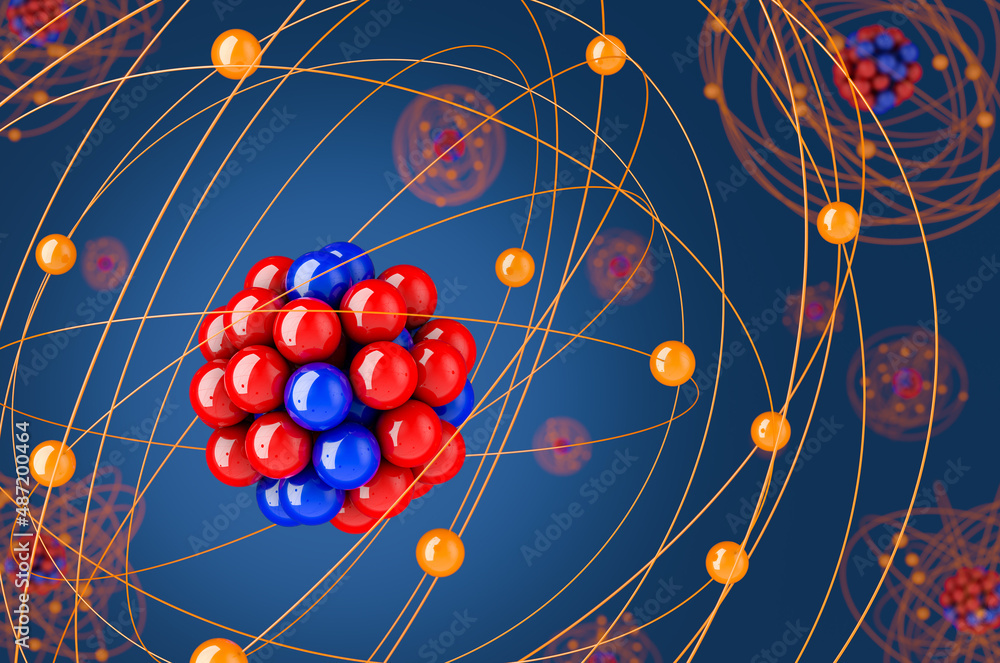 Poster structure of atom, 3d rendering