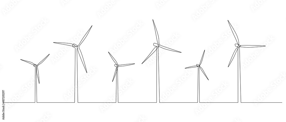 Wall mural one continuous line drawing of wind farm turbines and windmill. green energy and renewable source of
