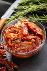Sun dried tomatoe. Pickled tomatoes in bowl.