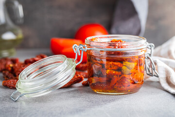 Sun dried tomatoe. Pickled tomatoes in jar.