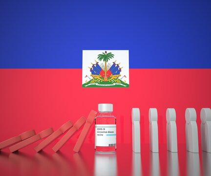 Flag of Haiti and COVID-19 vaccine preventing people figures from falling. National vaccination concept, 3D rendering
