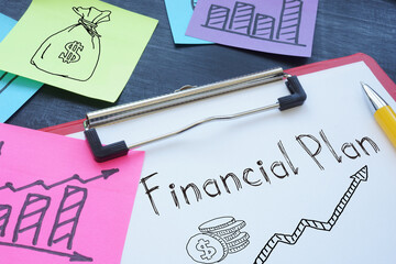 Financial Plan is shown on the business photo using the text coins and the bag with money