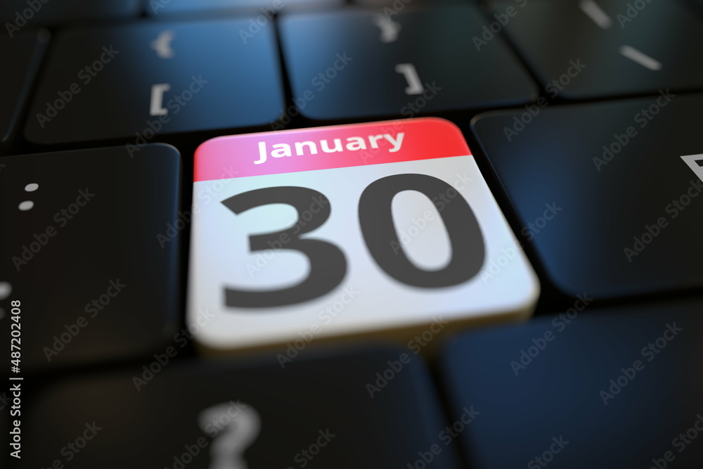 Poster january 30 on a keyboard key, 3d rendering
