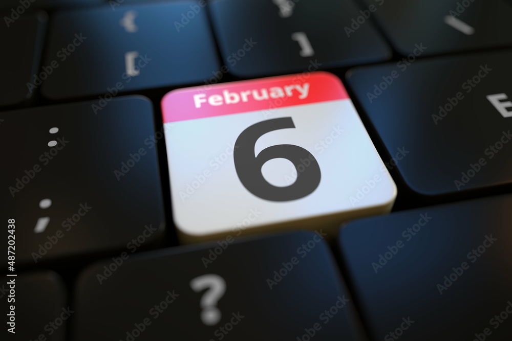 Poster february 6 date on a keyboard key, 3d rendering
