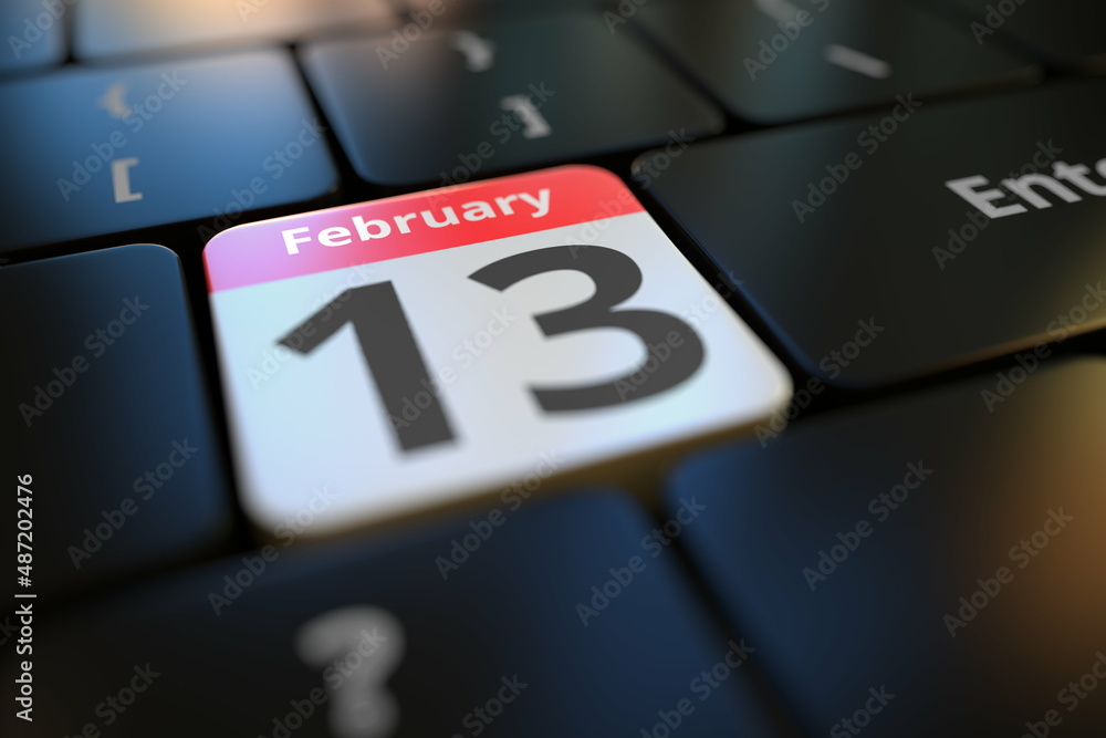 Poster february 13 date on a keyboard key, 3d rendering