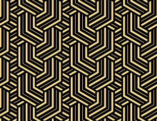Abstract geometric pattern with stripes, lines. Seamless vector background. Gold and black ornament. Simple lattice graphic design