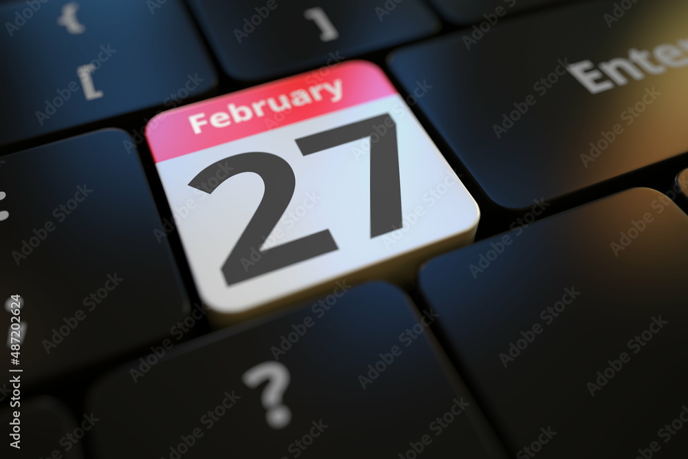 Poster february 27 date on a keyboard key, 3d rendering
