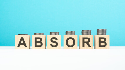 absorb text on wooden blocks with coins on blue background