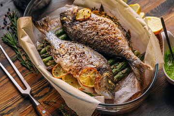 the concept of a delicious dinner for two from dorado. baked dorado fish with asparagus and lemon in spices