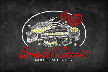Chalk drawing poster with Oriental sweets and red tulips on blackboard. Turkish baklava template, baked arabic dessert with pistachio, hazelnut, chocolate. Istanbul food banner. Vector illustration.