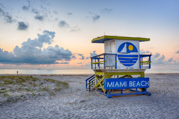 Sunrise at Miami Beach Featuring Iconic 5th Street lifeguard Station and Serene Ocean View