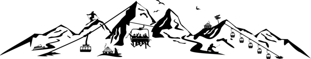 Mountain Tourism Season Silhouette Vector - obrazy, fototapety, plakaty