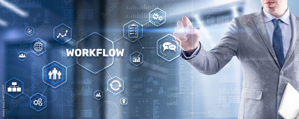 Poster workflow repeatability systematization buisness process. business technology internet