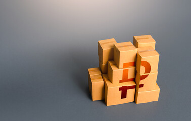 Boxes with russian ruble symbol. Distribution of goods. Transportation logistics. Retail of...