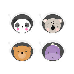 Vector set with Cosmonaut Animals in cartoon style. Bear, Panda, Koala, Dinosaur in space suits. Good for party invitations, birthday cards, stickers, prints etc.
