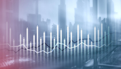 Histogram and lines economic chart on modern architecture background
