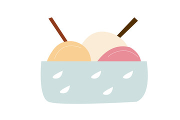 Minimalistic vector scoops of ice cream in a dish in trendy colors. Illustration with sweets for menu and packaging