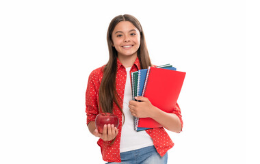 Fototapeta premium happy schoolgirl with copybook. teen girl with notebook. back to school. child with apple lunch