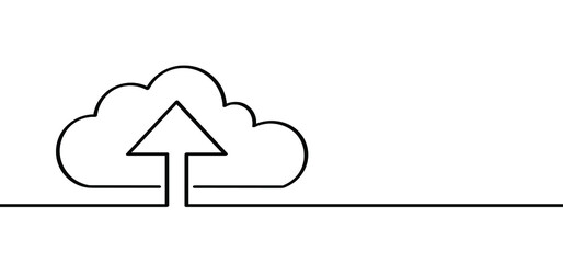 Cartoon drawing of cloud with arrow. Cloud service icon or pictogram. Backup, upload cloud, computing concept. Upload data, network,  server logo. For web internet. Line pattern