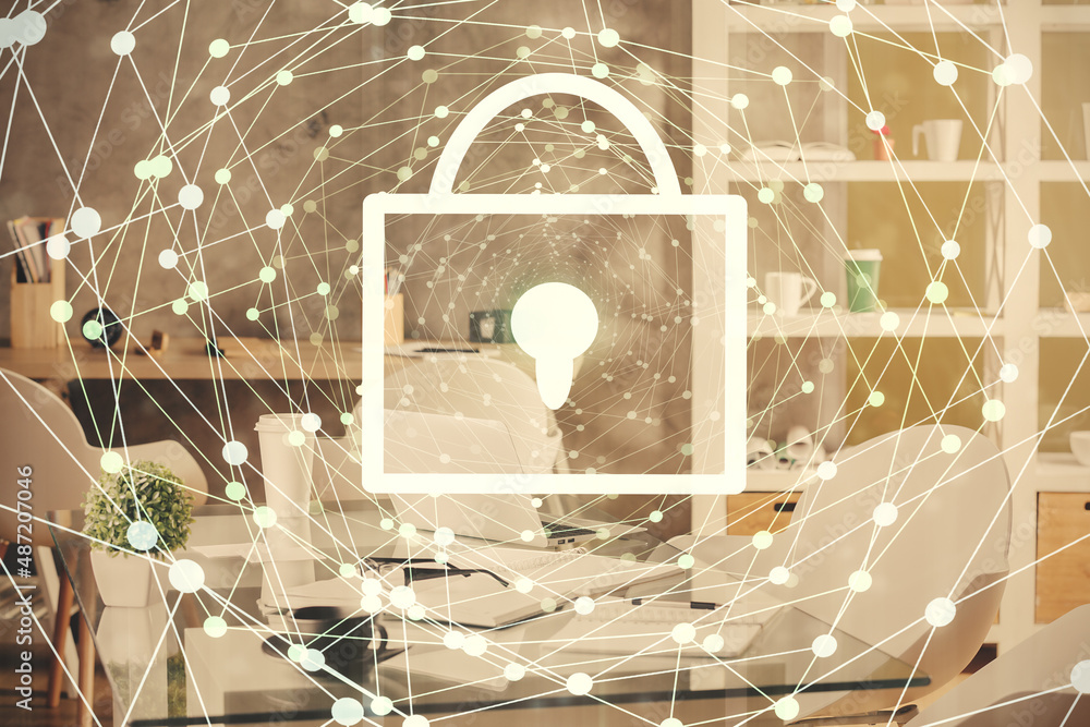 Poster multi exposure of lock drawing and office interior background. concept of data security.