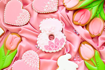 background banner greeting card for international women day with eight number, tulips and pigeon shape gingerbread cookies on pink silk fabric background