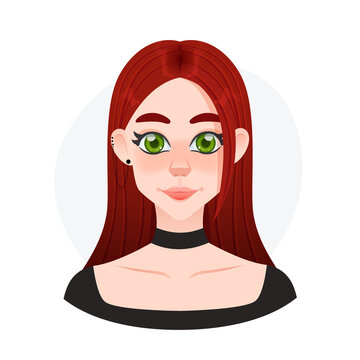 Cartoon woman avatar. Young beautiful girl with long red hairs and chocker necklate. Punk rock lady with big green eyes