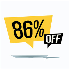 86% off discount sticker sale yellow tag isolated vector illustration. discount offer price label, vector price discount symbol floating
