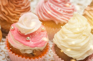 Many different cupcakes with decorations and toppings in a pastry shop concept