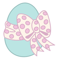 Vector cartoon drawing of blue easter egg with pink polka dot pattern bow wrapped around. Happy easter illustration for greeting card, poster, banner.