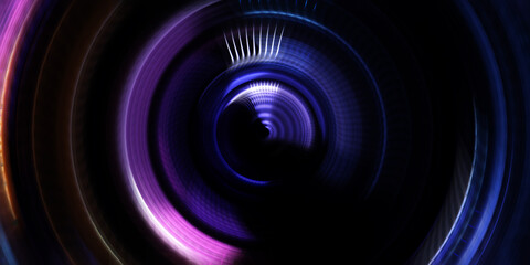 Photography camera concept. Abstract Background. Spinning rays of light. Motion conceptual wallpaper. Graphic digital illustration. Glowing neon rotating lights. Glossy presentation design template.