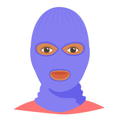 Black man wearing balaclava helmet. Trendy worm headgear for cold weather. Facial mask for the whole head to wear under helmet in flat style. Vector