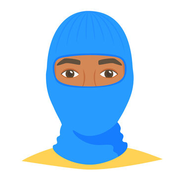 Black man wearing balaclava helmet. Trendy worm headgear for cold weather. Facial mask for the whole head to wear under helmet in flat style. Vector
