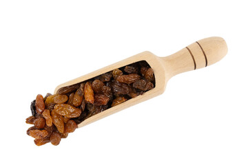  royal raisins in wooden scoop isolated on white background. Spice and food ingredients.