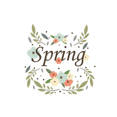 Vector lettering illustration of Spring is here for Happy holidays greeting card. Lettering celebration logo. Typography for spring holidays. Calligraphic poster on white background. Postcard.