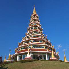 Buddhist Chedi (pagoda) in Chinese style at Wat Huay Pla Kang, known as Big Buddha temple in Chiang Rai, Northern Thailand