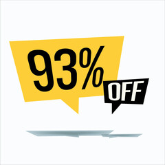 93% off discount sticker sale yellow tag isolated vector illustration. discount offer price label, vector price discount symbol floating