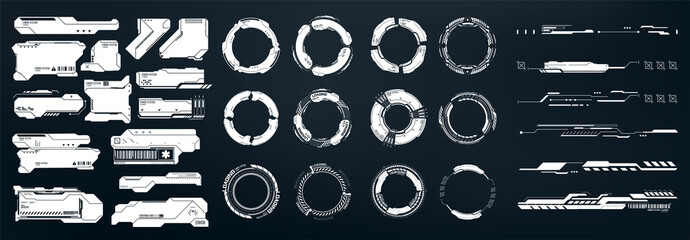 HUD set frames. Futuristic modern user interface elements, control panel. Hud interface icons vector illustration set. Circle and rectangular shape borders. Mockup for game. Information call box bars.