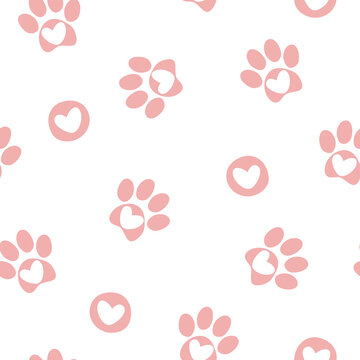 Pet paw seamless pattern. Vector illustration with paw and hearts on white background. It can be used for wallpapers, wrapping, cards, patterns for clothes and other.