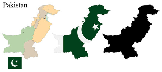 Set of maps of Pakistan. Flag on the map. Silhouette of the card.