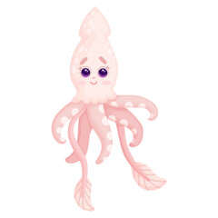 Cute little pink squid character. Cartoon vector graphics.
